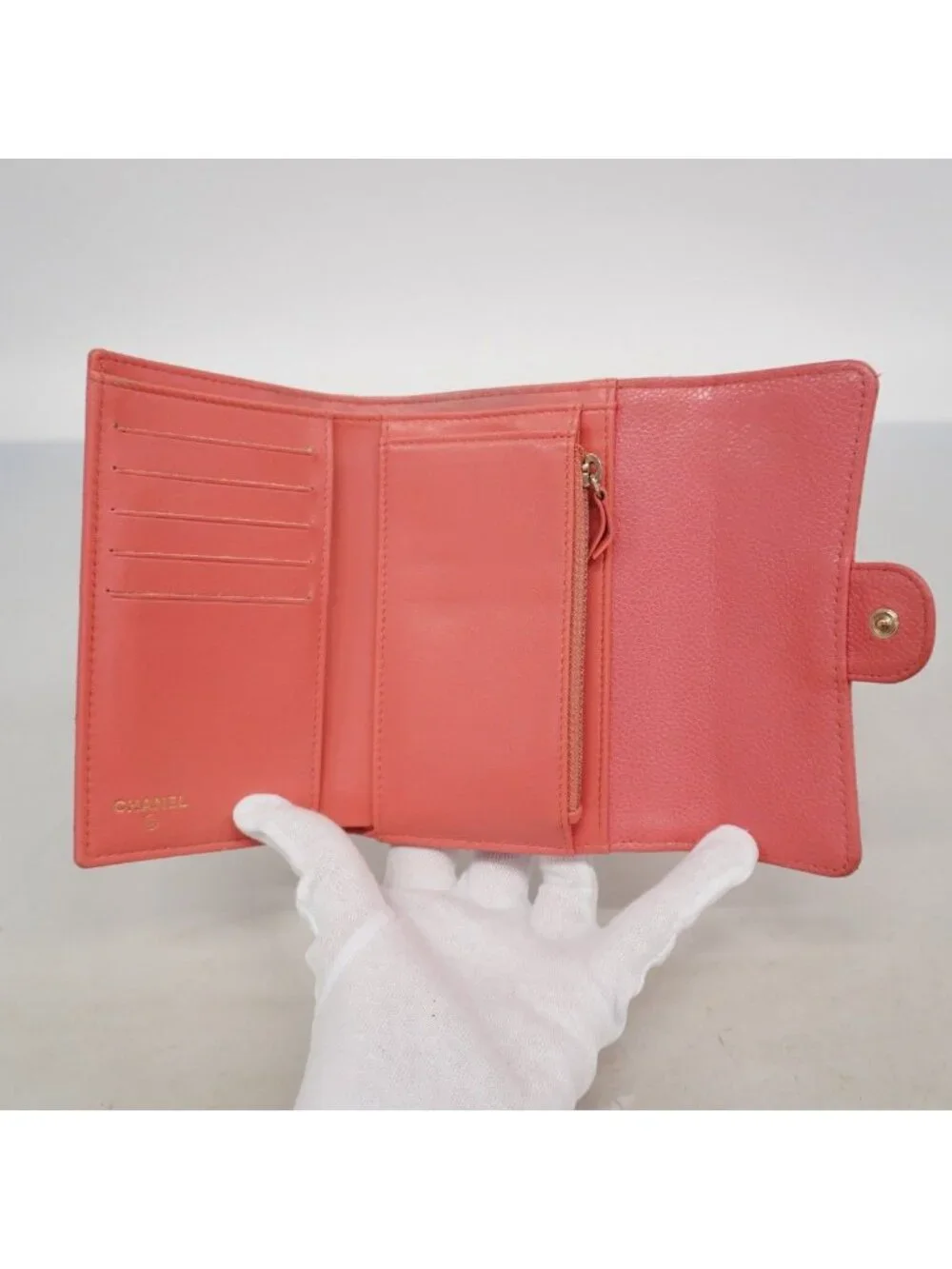 Chanel Trifold Wallet Quilted Caviar Leather Pink Gold